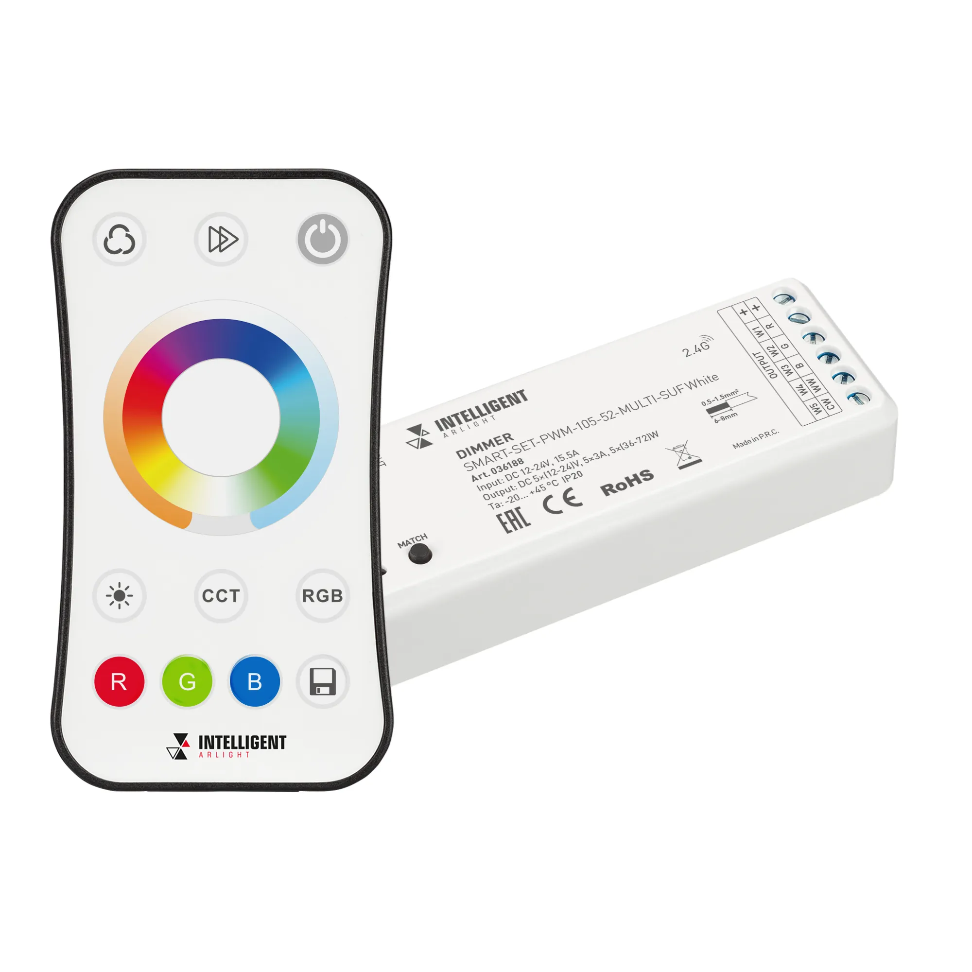 INTELLIGENT ARLIGHT Диммер SMART-SET-PWM-105-52-MULTI-SUF White (12-24V, 5x3A, ПДУ RING 10кн, 2.4G) (IARL, IP20 Пластик, 5 лет) - изображение товара