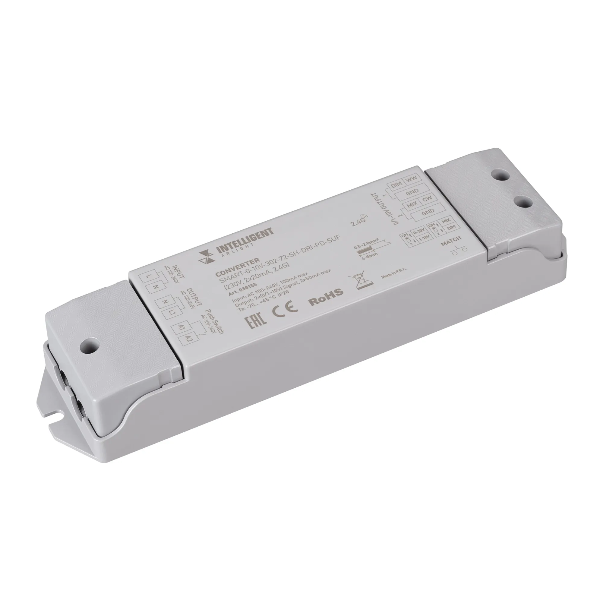 INTELLIGENT ARLIGHT Конвертер SMART-0-10V-302-72-SH-DRI-PD-SUF (230V, 2x20mA, 2.4G) (IARL, IP20 Пластик, 5 лет) - изображение товара