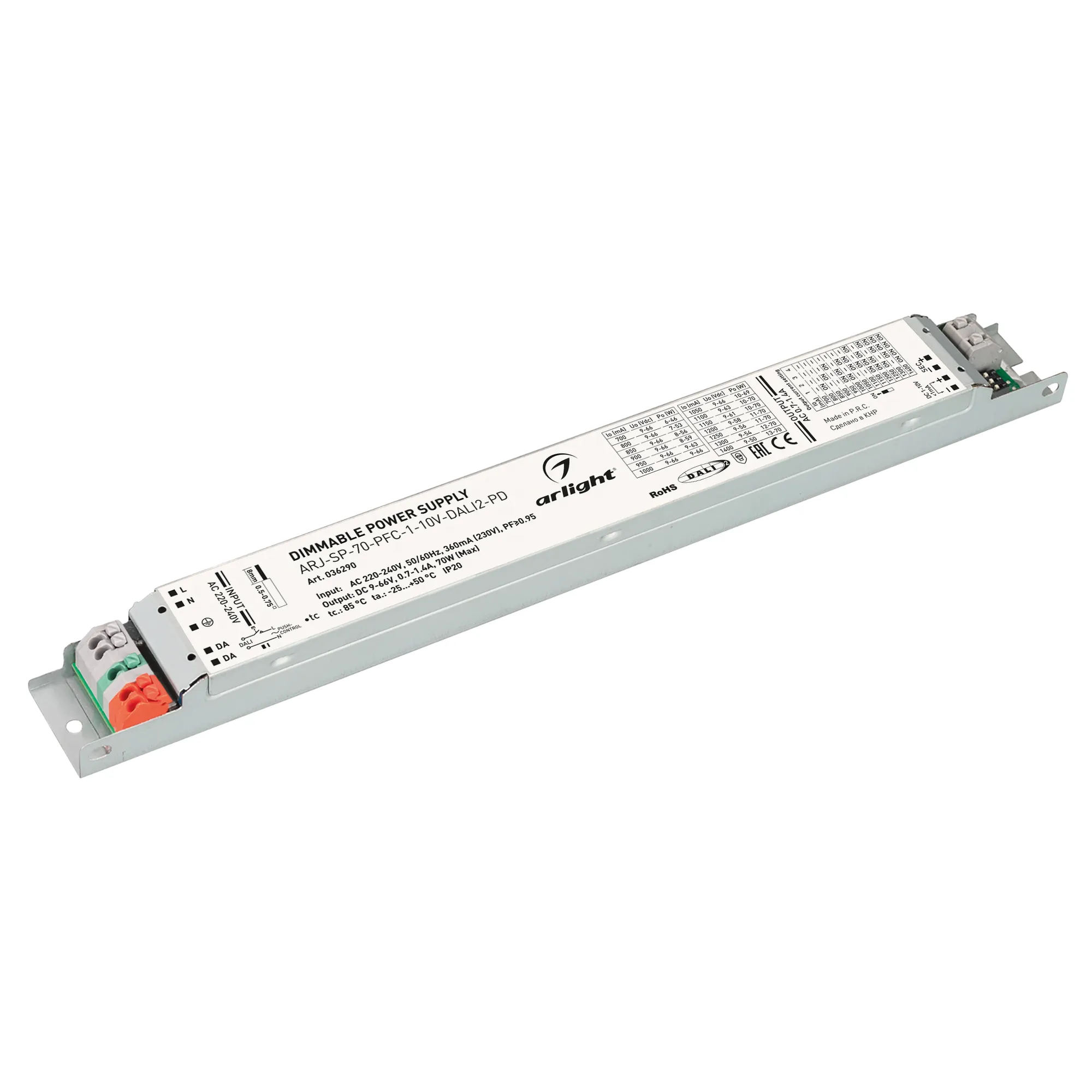 Блок питания ARJ-SP-70-PFC-1-10V-DALI2-PD (70W, 9-66V, 0.7-1.4A) (Arlight, IP20 Металл, 5 лет) - изображение товара