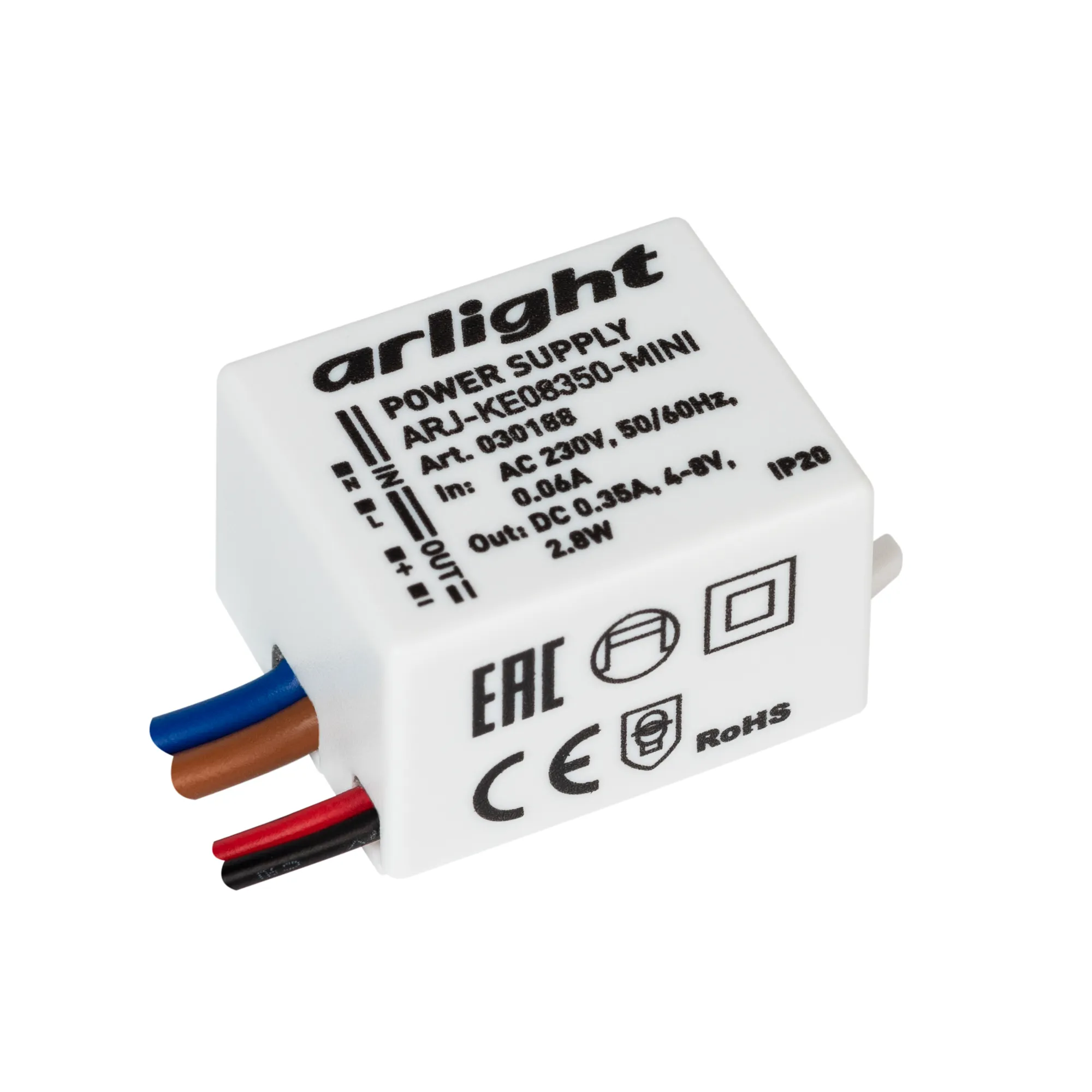 Блок питания ARJ-KE08350-MINI (2.8W, 350mA) (Arlight, IP20 Пластик, 5 лет) - изображение товара