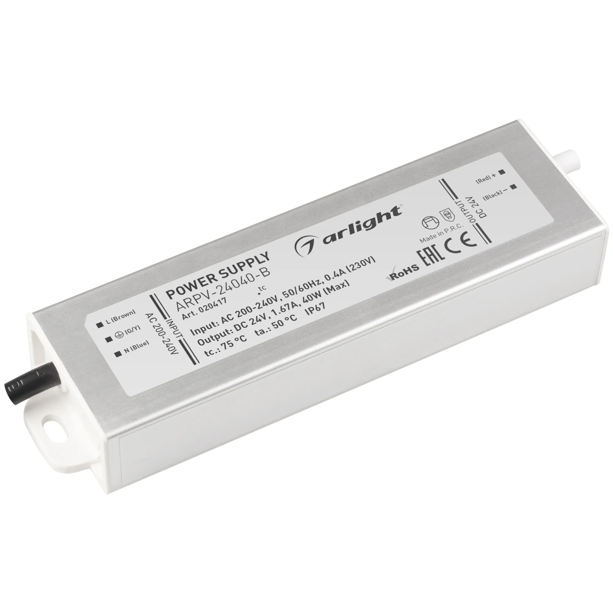 Блок питания ARPV-24040-B (24V, 1.7A, 40W) (Arlight, IP67 Металл, 3 года) - изображение товара